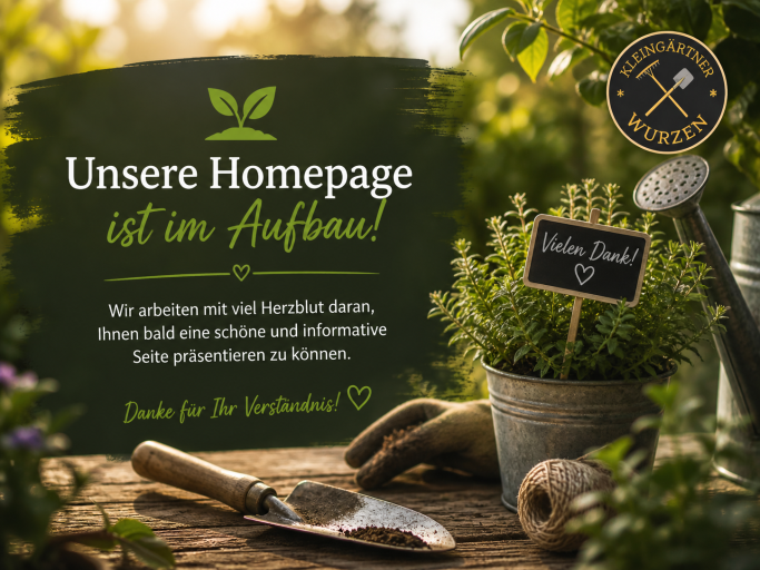 Homepage Text auf einer ansprechenden Garten-Hintergrundgrafik mit Schaufel und Pflanzen.