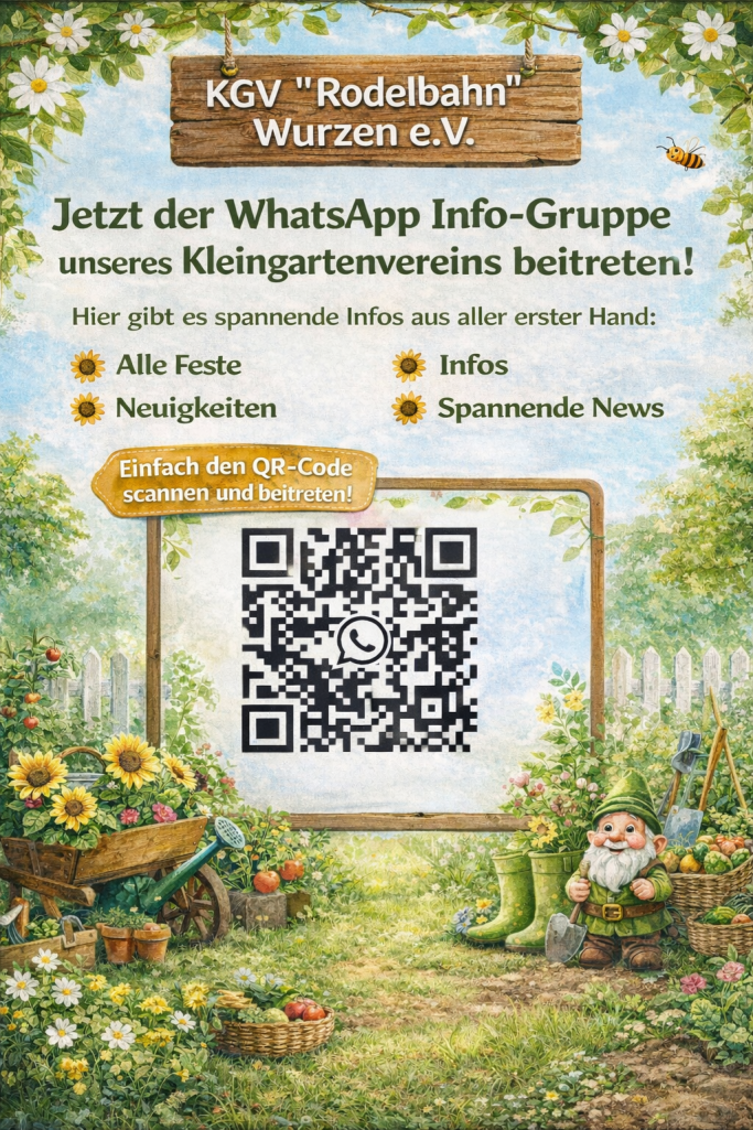 WhatsApp-Gruppe Ein bunter Hintergrund mit Blumendekor und QR-Code zur WhatsApp-Gruppe des KGV.